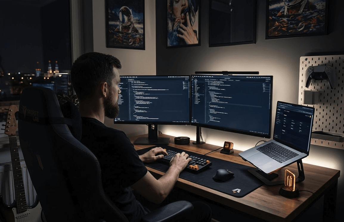 A man working in a cozy place, writing code
